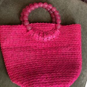 Vintage Pink Woven Purse Beaded Handles Tote Bag Bracelet Handles